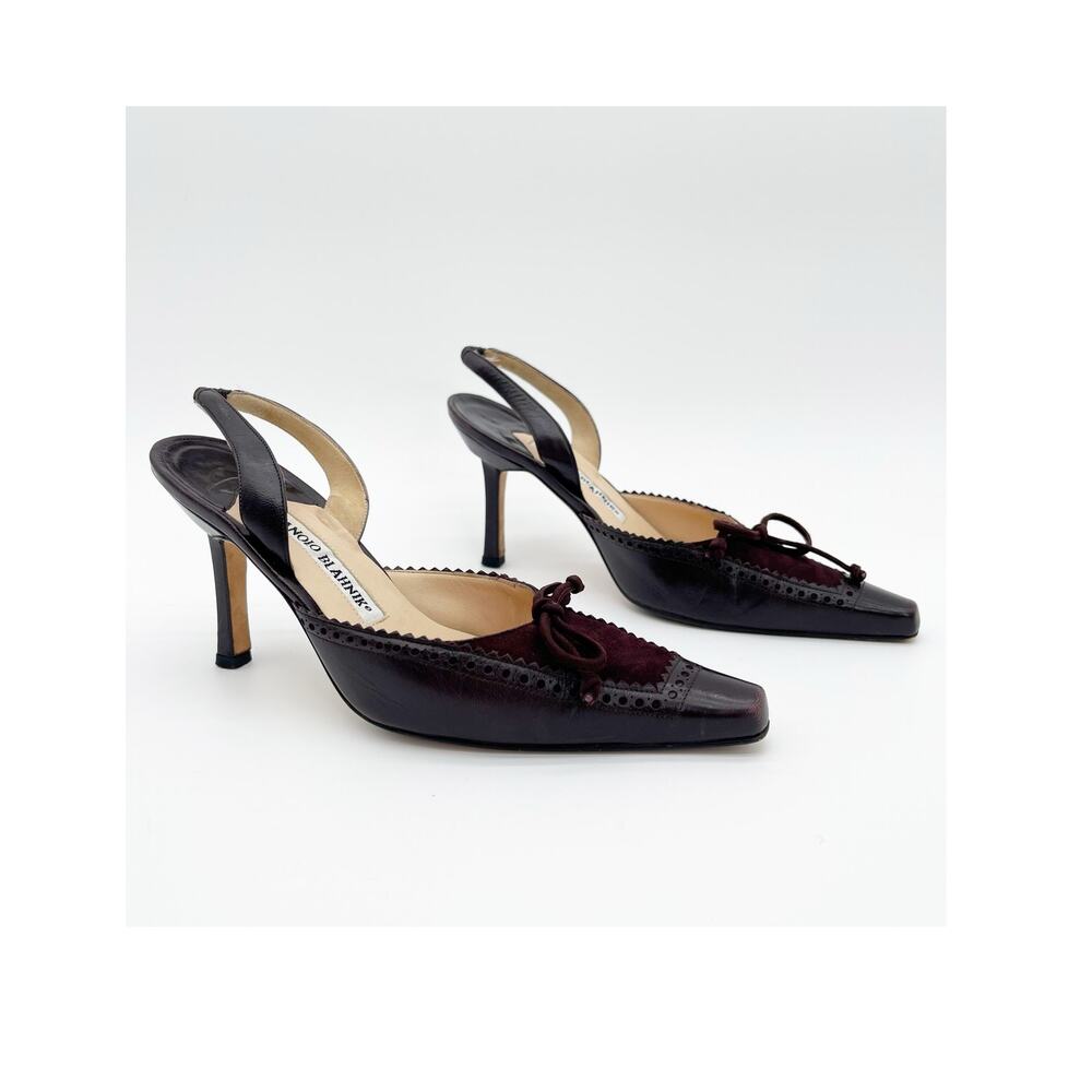 Manolo Blahnik Vintage Brown Leather Suede Bow Square Toe Slingback Heels IT 35